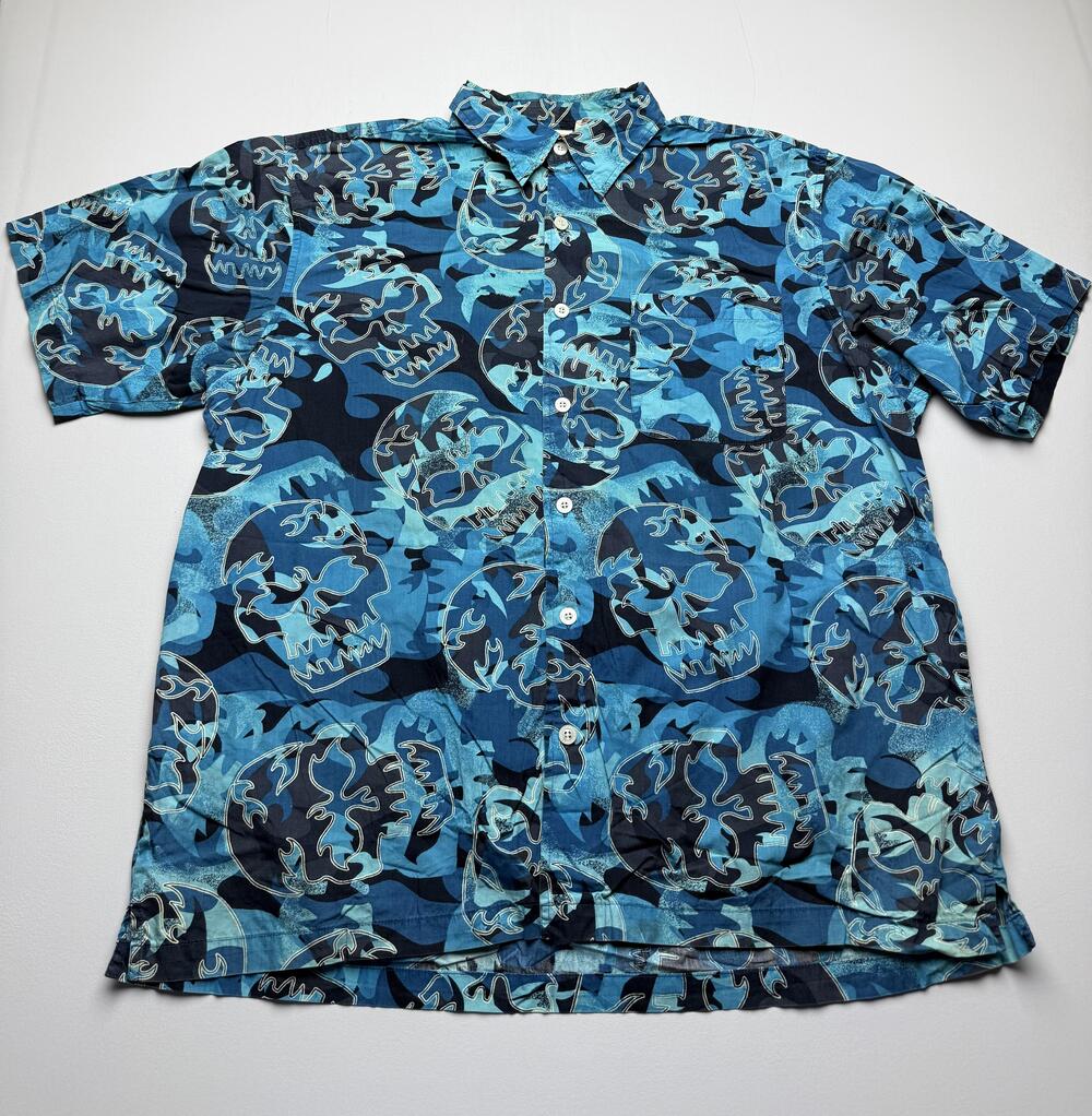 Sideout Shirt Mens XL Blue Skull Hawaiian Graphic Short Sleeve Button Up Casual